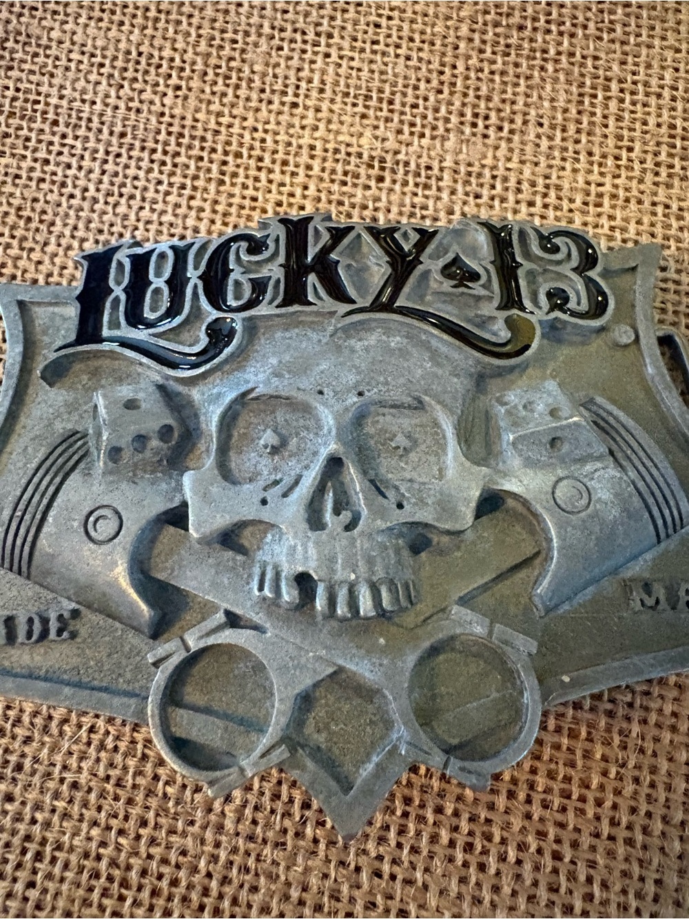 Lucky 13 Skull Crossbones Metal Belt Buckle Silver/Black Goth Skeleton Theme - Picture 3 of 15